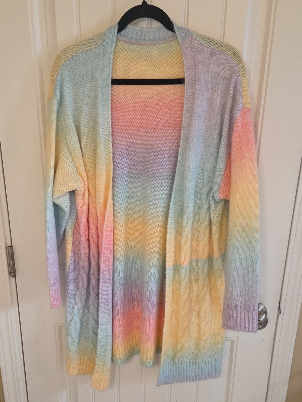 Soft Pastel 🌈 Rainbow Open-Front Cable Knit Cardigan Sweater